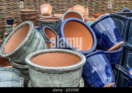 Frost proof garden pots for sale at a garden centre. Stock Photo