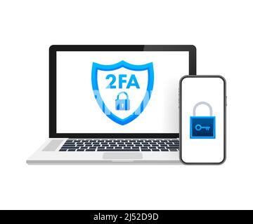 Two step authentication 2fa, flat cartoon smartphone and computer safety login or signin. Vector stock illustration. Stock Vector
