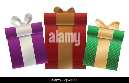 Colorful gift boxes with different sizes, paper wrapping textures, all decorated with metallic ribbons and bow ties. Stock Vector
