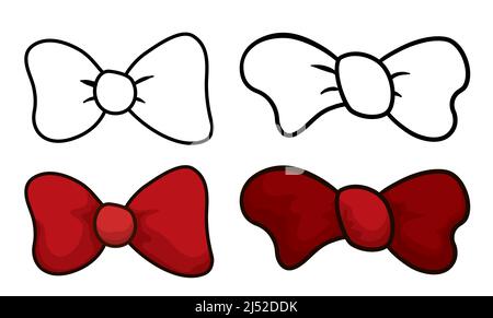 Set of different samples of bow ties: two in outlines styles to coloring and the others in red color and cartoon style. Stock Vector