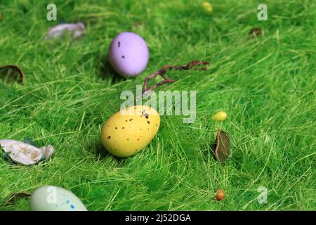 Pastel colored Easter chocolate eggs on green grass. Stock Photo