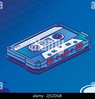 Retro Audio Cassette Tape. Isometric Outline Music Concept. Retro Device from 80s and 90s. Vector Illustration. Stock Vector