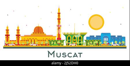 Muscat Oman City Skyline with Color Buildings Isolated on White. Vector Illustration. Business Travel and Tourism Concept with Historic Architecture. Stock Vector