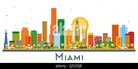 Miami Florida City Skyline with Color Buildings Isolated on White. Vector Illustration. Business Travel and Tourism Concept with Modern Architecture. Stock Vector