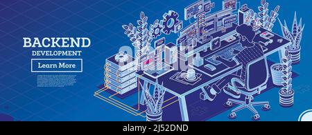 Backend Development on Computer. Working Programmer Sit on Chair with Wheels in Front of Curved Monitor with Code. Php, C++, JS and Python Programming Stock Vector