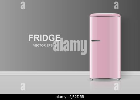 Vector Banner with 3d Realistic Pink Retro Vintage Fridge Isolated. Vertical Simple Refrigerator. Closed Fridge. Design Template, Mockup of Fridge Stock Vector