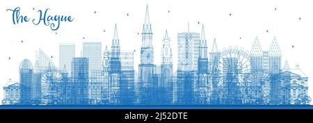 Outline The Hague Netherlands City Skyline with Blue Buildings. Business Travel and Tourism Concept with Historic Architecture. Stock Vector