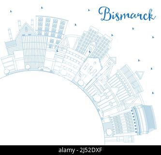 Outline Bismarck North Dakota City Skyline with Blue Buildings and Copy Space. Vector Illustration. Bismarck USA Cityscape with Landmarks. Stock Vector