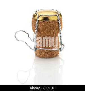 Sparkling wine or champagne cork with metal cage isolated on white background Stock Photo
