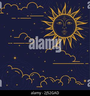 Mystical background, sun with face, clouds and stars, esoteric and astrological design, magic sun, vector Stock Vector