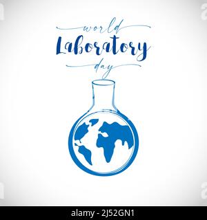 International Lab Day congratulating banner. World Laboratory Day greeting card concept. Earth globe in medical flask. Creative scientifical logotype Stock Vector