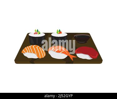 Sushi on the Wooden Plate Illustration Vector Stock Vector