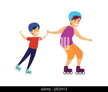 Sibling Ride on Roller Skates Together Illustration Vector Stock Vector