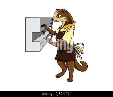 Detailed Civet Mascot Using the Espresso Machine to Pour a Cup of Coffee Illustration Vector Stock Vector