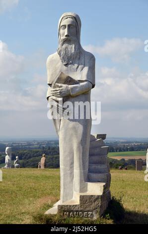 One of the 133 statues erected in the valley of the saints in Carnoët, Brittany. The project is not yet finished and will have 1000 statues in the end. Stock Photo