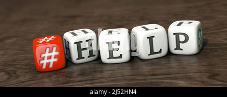 Red hashtag dice and white dices with the word 'HELP' on wooden underground Stock Photo