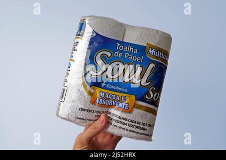 RIO DE JANEIRO, BRAZIL - APRIL 17, 2021: Two rolls of paper towels on hand. Brazilian brand (Soul Soft). Stock Photo