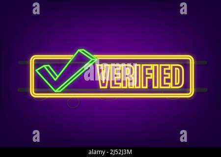Verified square grunge. Checkmark neon icon. Vector stock illustration. Stock Vector