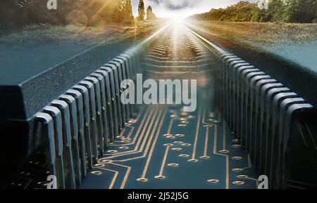 Macro Photography of integrated circuits on Printed Circuit Board with golden pads and wires combined with rails what are going off into the distance Stock Photo
