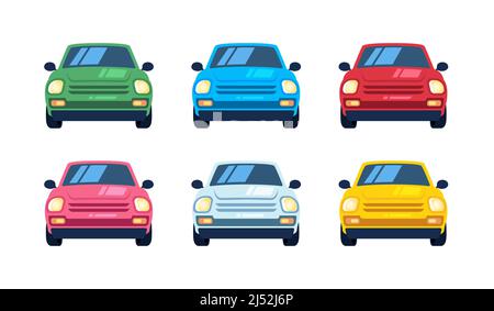 Mini cars graphics set, front view vector. Colorful micro vehicles of different colors, car design illustration set. Stock Vector