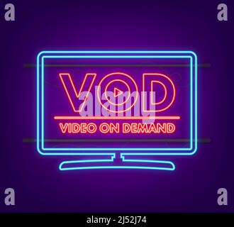 VOD - Video On Demand neon icon, Video monetization. Vector stock illustration. Stock Vector