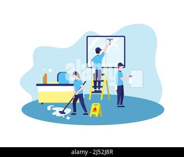 Office Cleaning Service Mopping Floor and Cleaning Window Illustration Vector Stock Vector