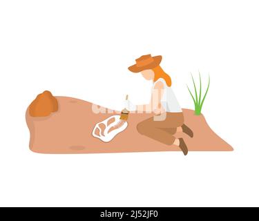 Archaeologist Excavating and Researching Dinosaur Skull Illustration Vector Stock Vector