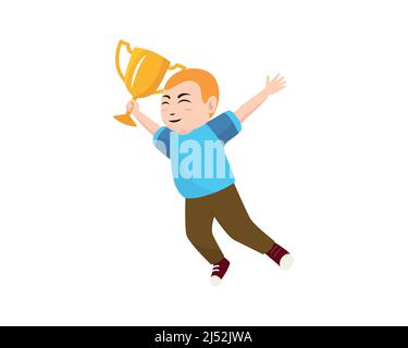 Happy Boy Jumping and Holding Trophy Illustration Vector Stock Vector
