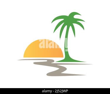 Beach combined with Sunset and Palm Tree Simple Illustration Stock Vector