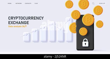 web banner with 3d illustration of a smartphone with bitcoins falling and bar chart on the background Stock Vector
