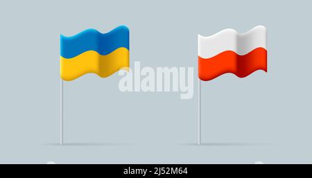 3d icons of Ukrainian and Polish flags, modern 3d render style Stock Vector