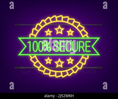 100 Secure grunge neon icon. Badge or button for commerce website. Vector stock illustration. Stock Vector