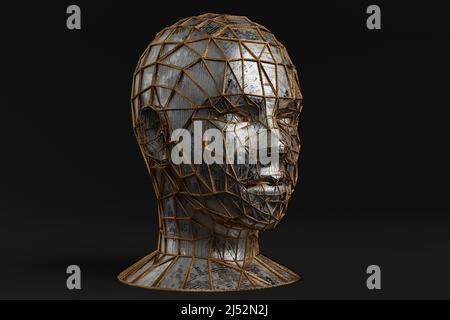 Abstract design of mannequin head. 3D Render, art, metallic texture, golden wireframe. Stock Photo