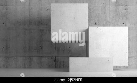 Abstract empty concrete interior, blank hall room with geometric installation of cubes, minimal architectural background, 3d rendering illustration Stock Photo