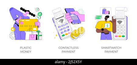 Digital transactions abstract concept vector illustration set. Plastic money, contactless smartwatch payment, credit and debit card, smartphone banking application, smart technology abstract metaphor. Stock Vector