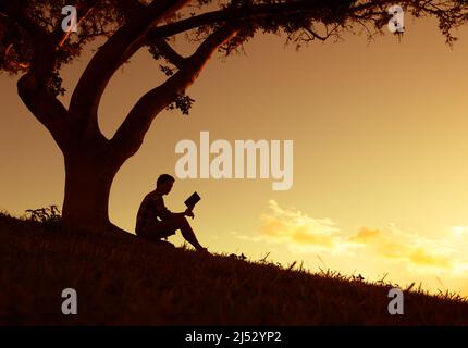 Young man relaxing sitting outdoors reading book, bible Stock Photo