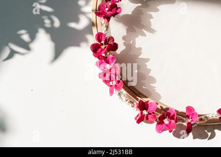 Flat lay layout fashion jewellery floral headband. Stock Photo