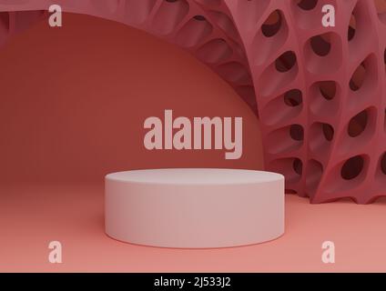 Bright, neon, salmon pink 3D rendering product display with cylinder stand or podium and futuristic abstract geometric shapes modern background minima Stock Photo