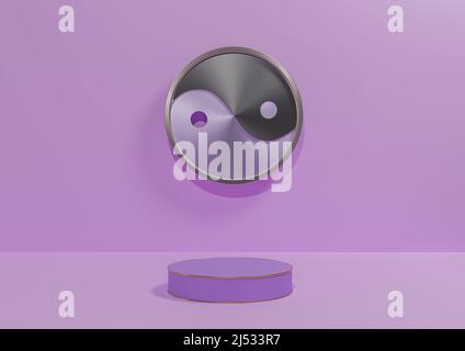 Light, pastel, lavender purple 3D rendering product display background simple, minimal with metallic Yin and yang symbol podium or stand with golden l Stock Photo