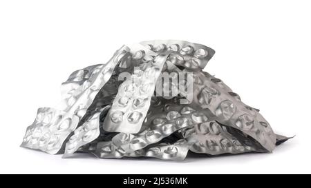 pile of used empty pill blister packs, silver medicine packs isolated on white background, treatment and medication concept Stock Photo