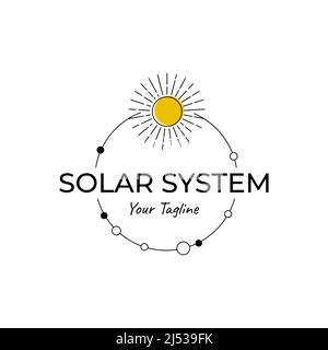 Vector logo where abstract image of solar system with simple rotating planets around the sun. Stock Vector