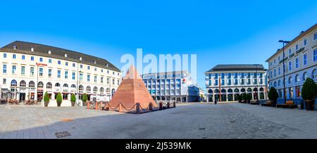 Karlsruhe, Germany - April 17, 2022: Karlsruhe Pyramid, city's founder grave, red sandstone monument located on market square of Karlsruhe  . Stock Photo