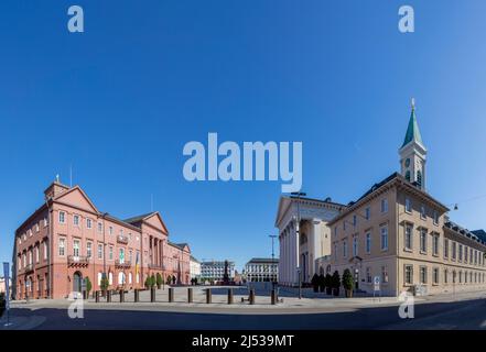 Karlsruhe, Germany - April 17, 2022: Karlsruhe market square with red sandstone monuments, city hall and other public govermental buildings in histori Stock Photo