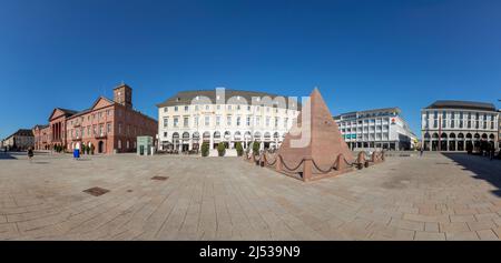 Karlsruhe, Germany - April 17, 2022: Karlsruhe Pyramid, city's founder grave, red sandstone monument located on market square of Karlsruhe. Stock Photo