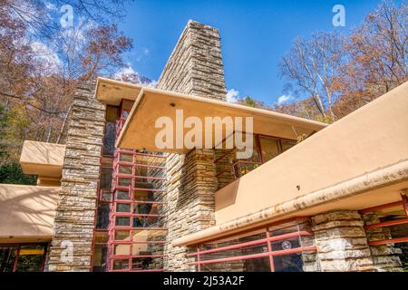Frank Lloyd Wright’s Falling Water seen from one of its terraces in Mill Run, Pennsylvania. Stock Photo