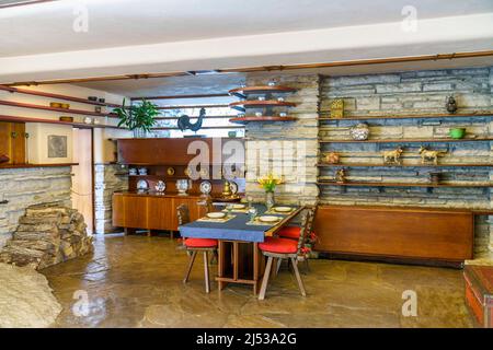 The dining room of Frank Lloyd Wright’s Falling Water in Mill Run, Pennsylvania. Stock Photo