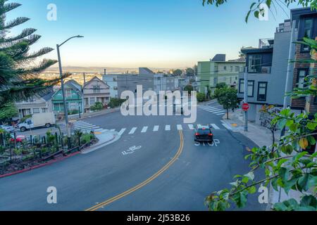 High angle view of road intersection with vehicles passing at San Francisco, California Stock Photo