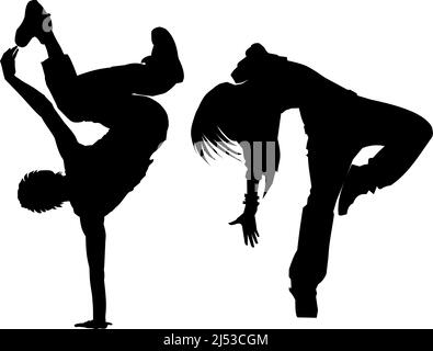 black graphic silhouettes of a dancing guy and a girl on white Stock Photo
