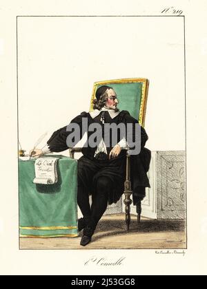 French writer Pierre Corneille, 1606-1684, tragedian and dramatist. In black cap, jacket, breeches, hose, seated at desk with quill pen and paper inscribed Le Cid. Handcoloured lithograph by Lorenzo Bianchi and Domenico Cuciniello after Hippolyte Lecomte from Costumi civili e militari della monarchia francese dal 1200 al 1820, Naples, 1825. Italian edition of Lecomte’s Civilian and military costumes of the French monarchy from 1200 to 1820. Stock Photo