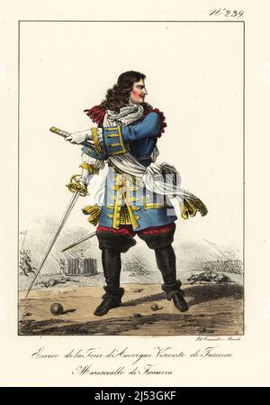 Henri de La Tour d'Auvergne, vicomte de Turenne, 1611-1675, French general and later Marshal General of France. In blue coat, with red epaulette and gold frogging, white sash, breeches, cavalier boots, with sword. With sword drawn on a battlefield. Marechal de France. Handcoloured lithograph by Lorenzo Bianchi and Domenico Cuciniello after Hippolyte Lecomte from Costumi civili e militari della monarchia francese dal 1200 al 1820, Naples, 1825. Italian edition of Lecomte’s Civilian and military costumes of the French monarchy from 1200 to 1820. Stock Photo